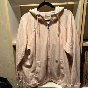 Light rose Carhartt sweatshirt full zipper. No stains. Ample fit.